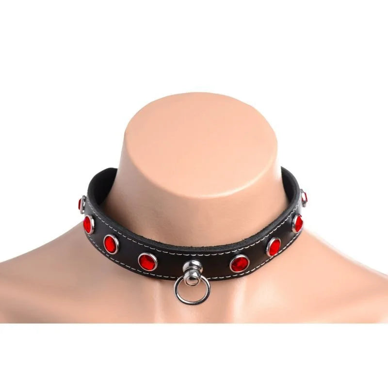 Master Series Bling Vixen Leather Choker w Rhinestones - Red