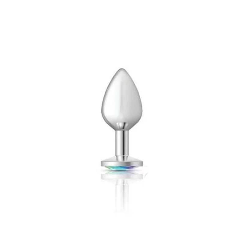 Cheeky Charms Silver Round Butt Plug w Clear Iridescent Jewel Medium - Silver