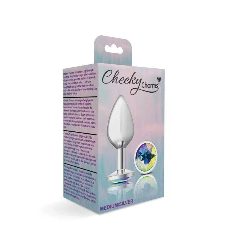 Cheeky Charms Silver Round Butt Plug w Clear Iridescent Jewel Medium - Silver