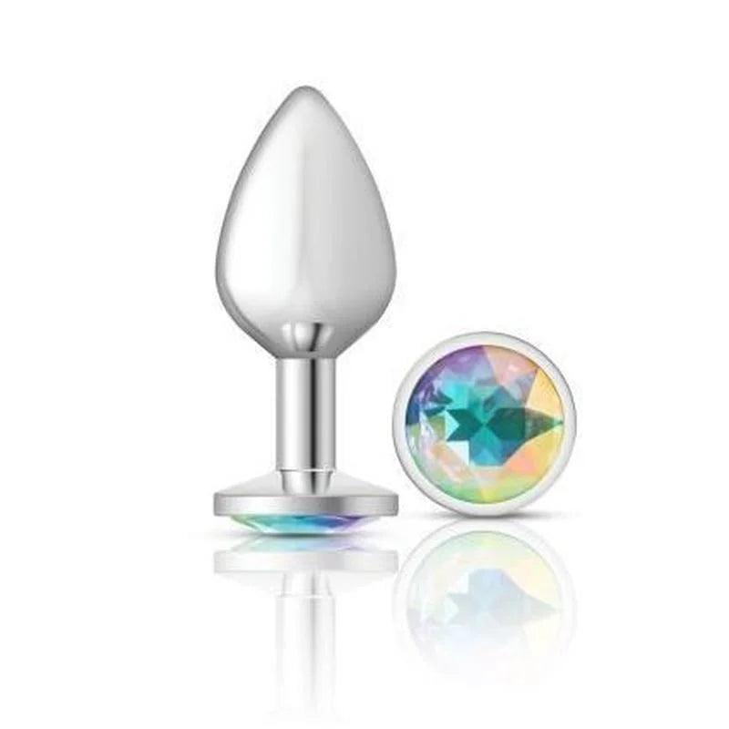 Cheeky Charms Silver Round Butt Plug w Clear Iridescent Jewel Large - Silver