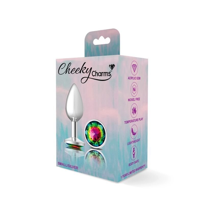 Cheeky Charms Silver Round Butt Plug w Rainbow Jewel Small - Silver