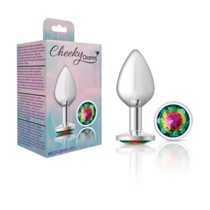 Cheeky Charms Silver Round Butt Plug w Rainbow Jewel Medium - Silver