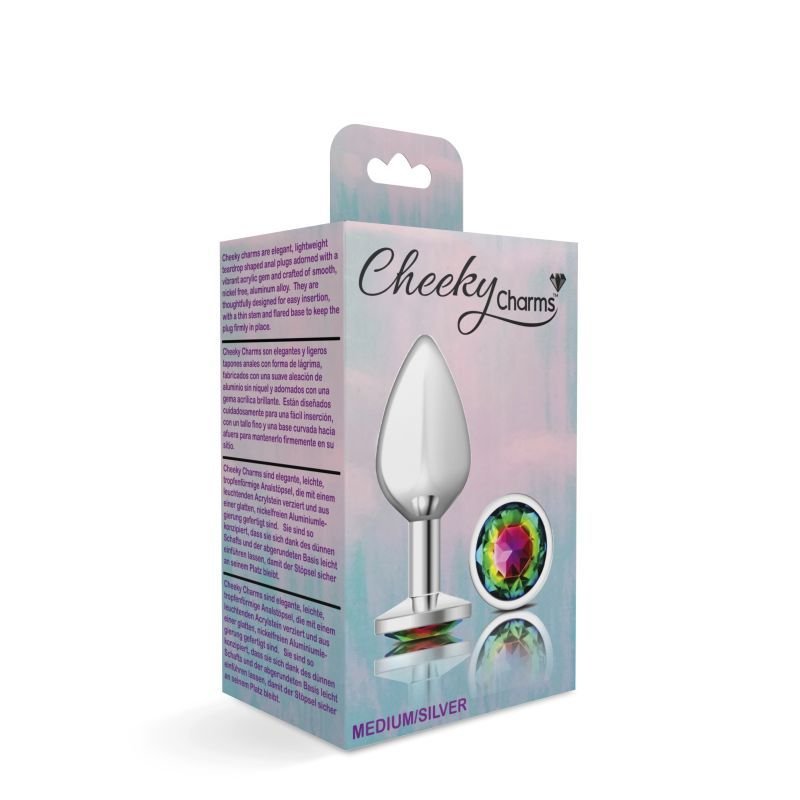 Cheeky Charms Silver Round Butt Plug w Rainbow Jewel Medium - Silver