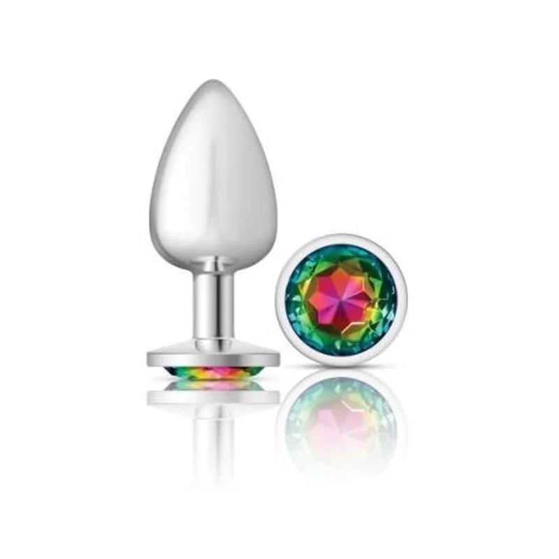 Cheeky Charms Silver Round Butt Plug w Rainbow Jewel Large - Silver