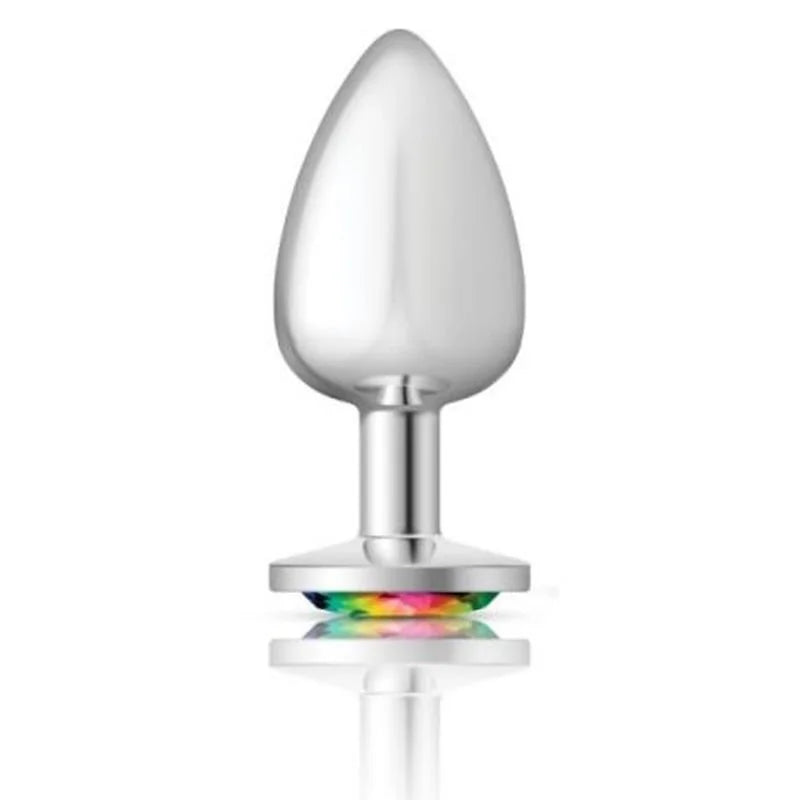 Cheeky Charms Silver Round Butt Plug w Rainbow Jewel Large - Silver