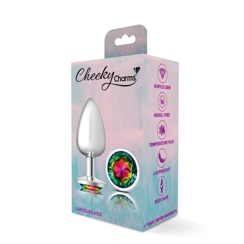 Cheeky Charms Silver Round Butt Plug w Rainbow Jewel Large - Silver
