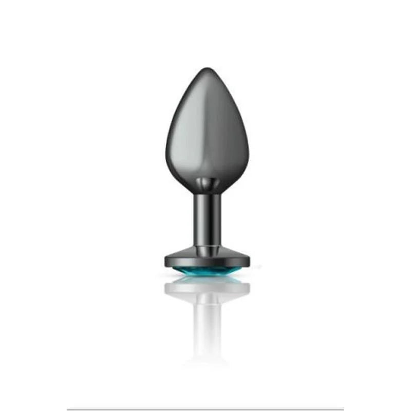 Cheeky Charms Round Butt Plug w Teal Jewel Medium - Gun Metal