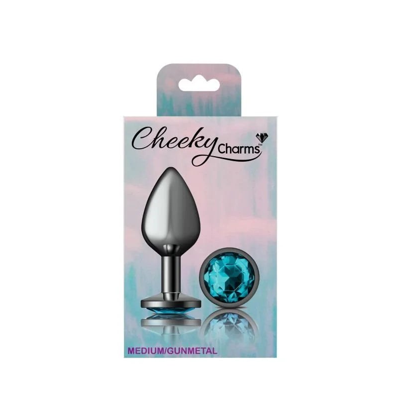 Cheeky Charms Round Butt Plug w Teal Jewel Medium - Gun Metal