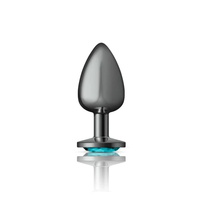Cheeky Charms Round Butt Plug w Teal Jewel Large - Gun Metal
