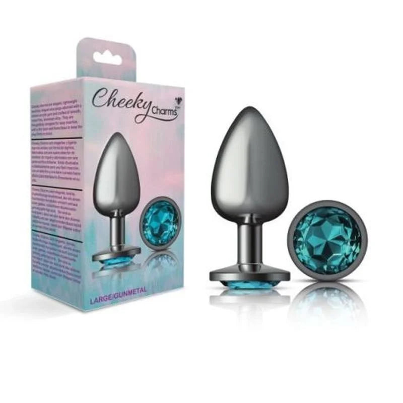 Cheeky Charms Round Butt Plug w Teal Jewel Large - Gun Metal