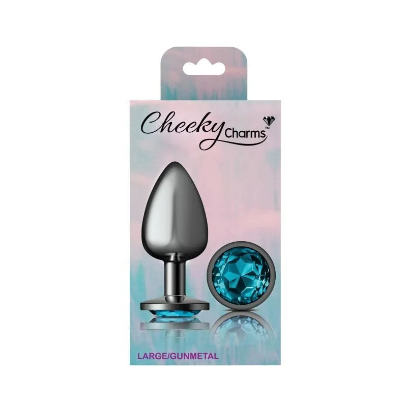 Cheeky Charms Round Butt Plug w Teal Jewel Large - Gun Metal