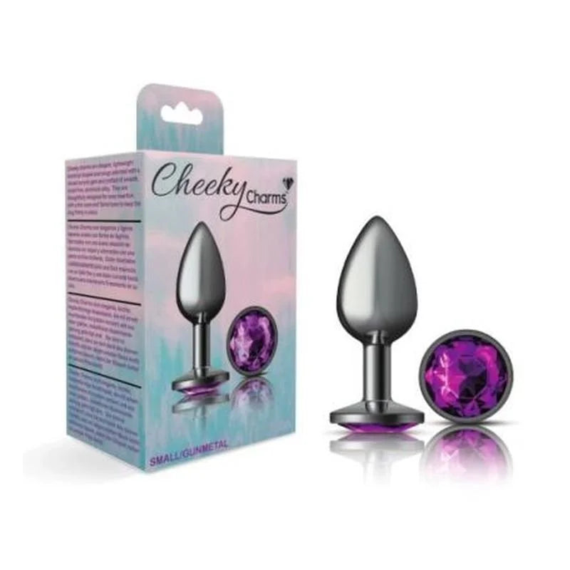 Cheeky Charms Round Butt Plug w Purple Jewel Small - Gun Metal
