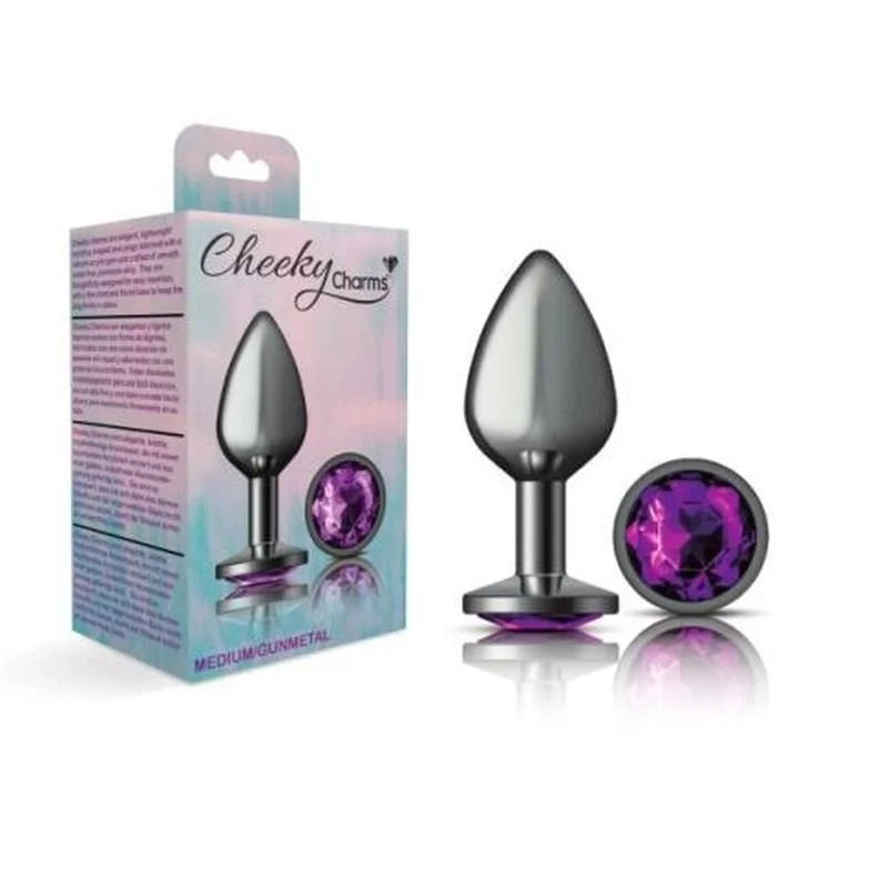 Cheeky Charms Round Butt Plug w Purple Jewel Medium - Gun Metal
