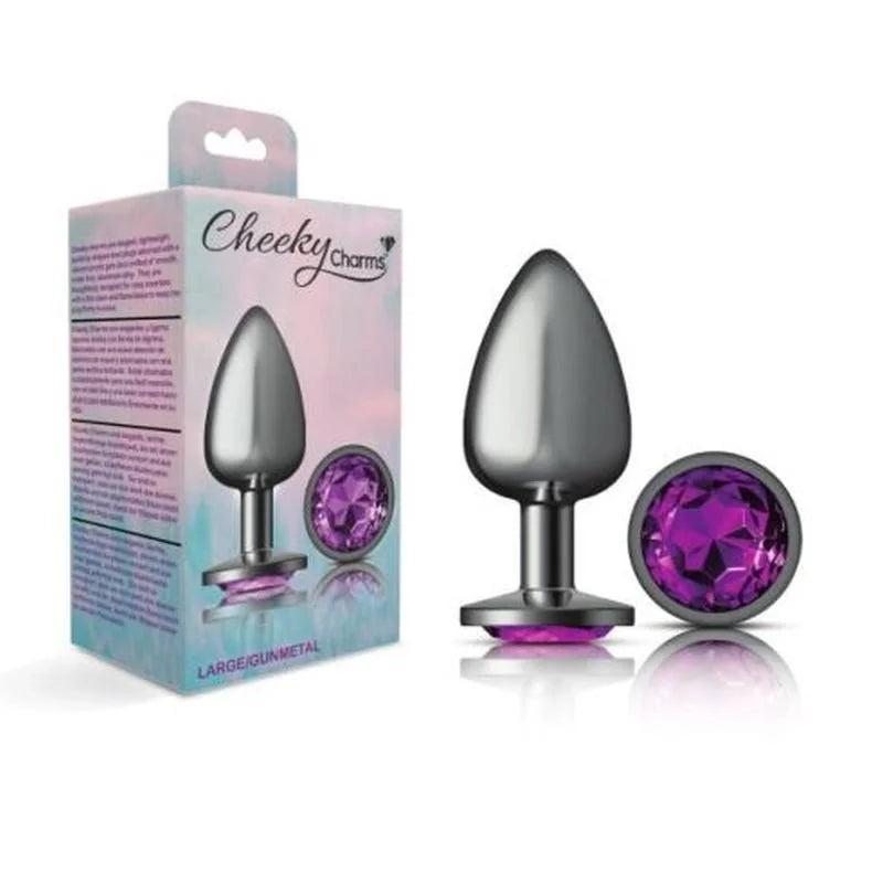 Cheeky Charms Round Butt Plug w Purple Jewel Large - Gun Metal
