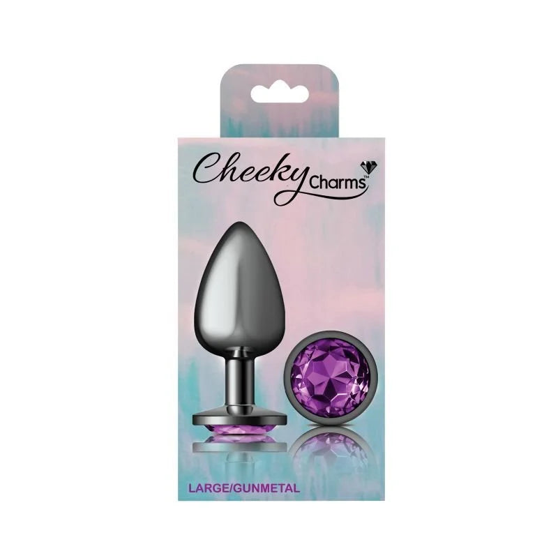 Cheeky Charms Round Butt Plug w Purple Jewel Large - Gun Metal