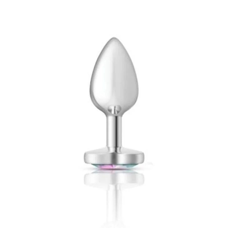Cheeky Charms Silver Metal Butt Plug w Heart Clear Jewel Small - Silver