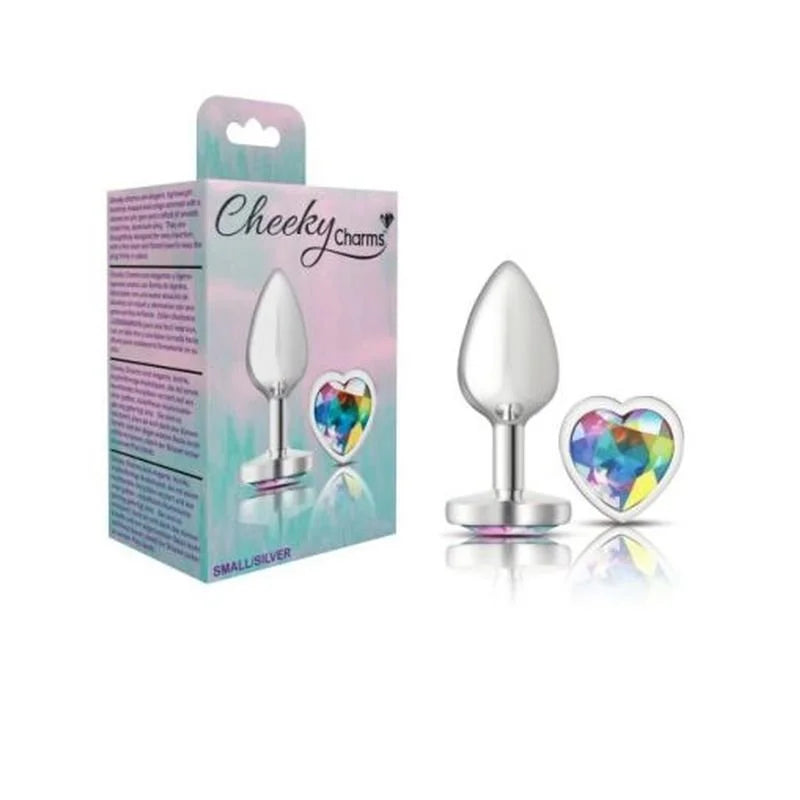 Cheeky Charms Silver Metal Butt Plug w Heart Clear Jewel Small - Silver