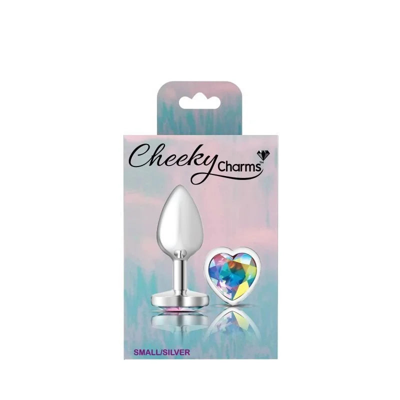 Cheeky Charms Silver Metal Butt Plug w Heart Clear Jewel Small - Silver