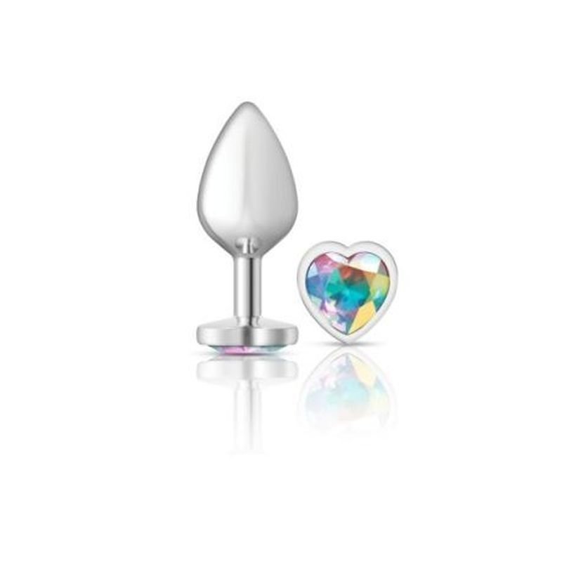 Cheeky Charms Silver Metal Butt Plug w Heart Clear Jewel Medium - Silver