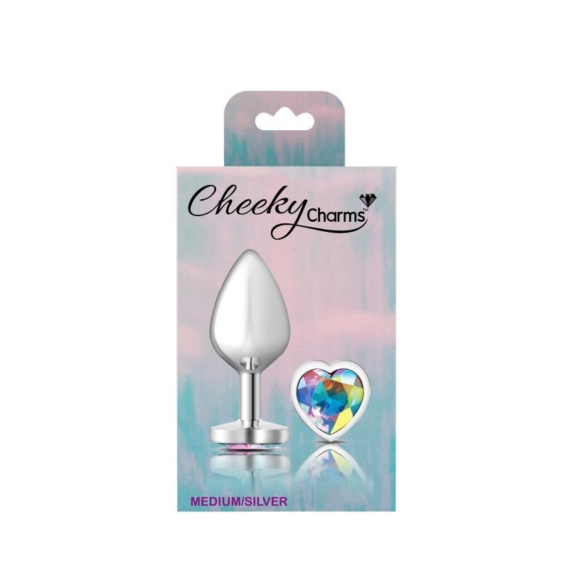 Cheeky Charms Silver Metal Butt Plug w Heart Clear Jewel Medium - Silver