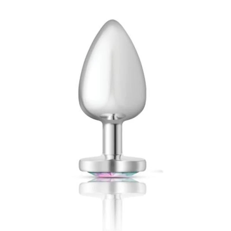 Cheeky Charms Silver Metal Butt Plug w Heart Clear Jewel Large - Silver
