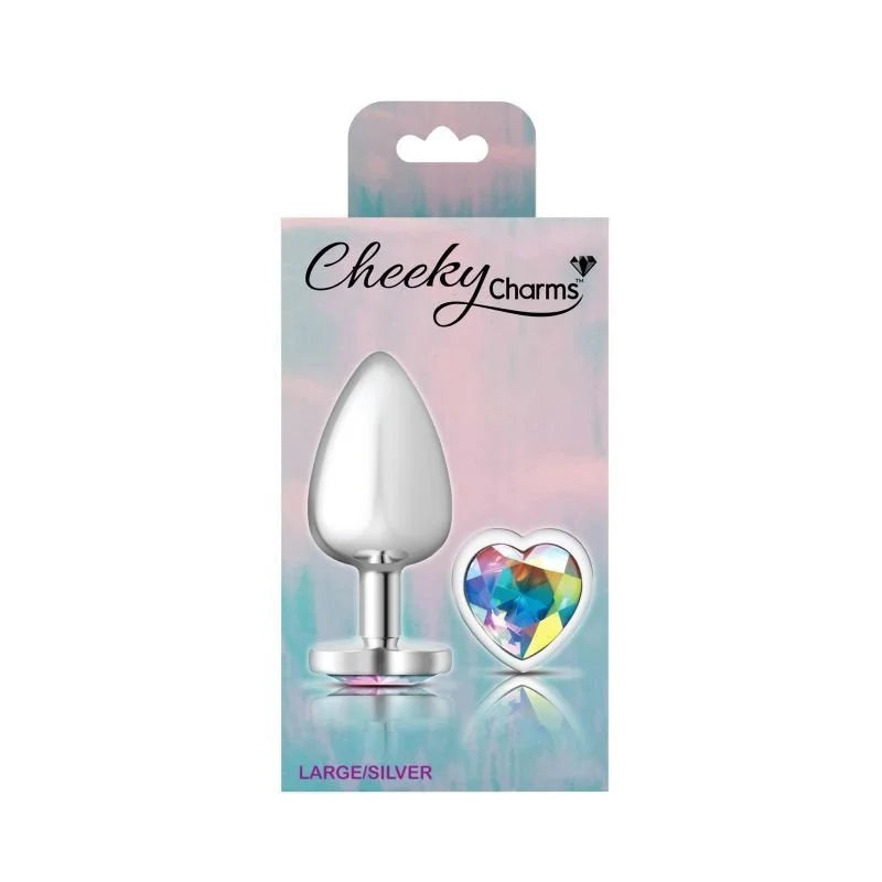 Cheeky Charms Silver Metal Butt Plug w Heart Clear Jewel Large - Silver