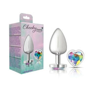 Cheeky Charms Silver Metal Butt Plug w Heart Clear Jewel Large - Silver