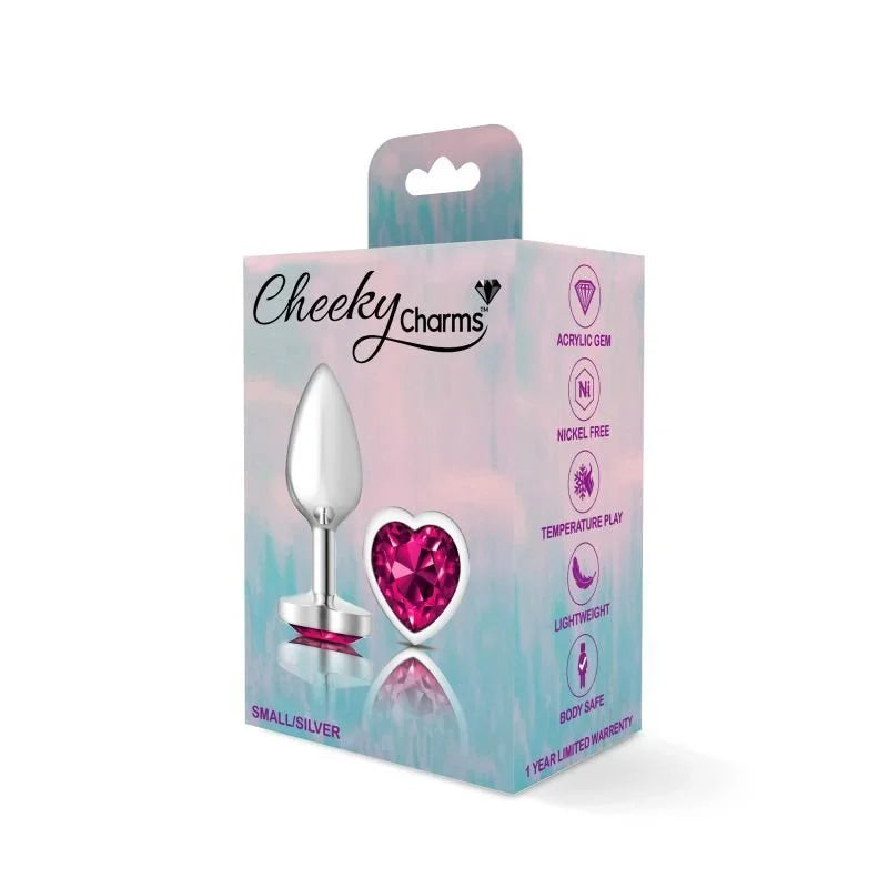 Cheeky Charms Silver Metal Butt Plug w Heart Pink Jewel Small - Silver