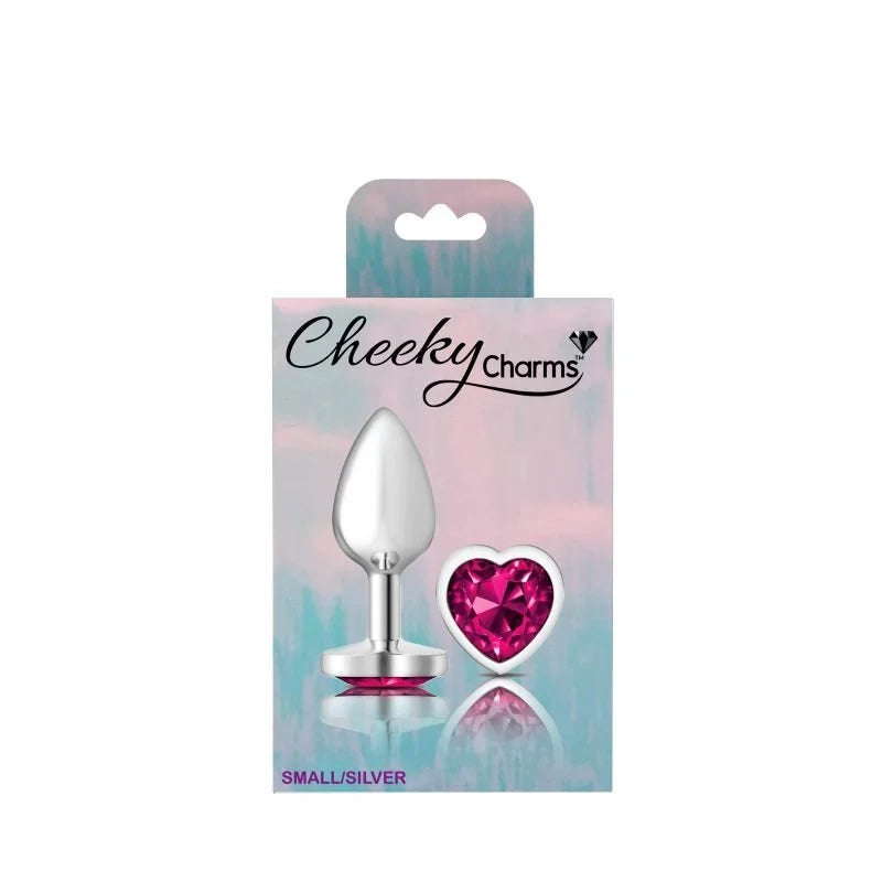 Cheeky Charms Silver Metal Butt Plug w Heart Pink Jewel Small - Silver