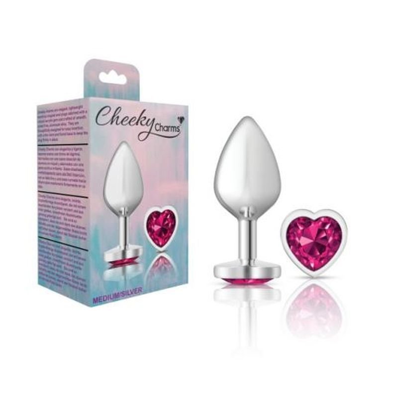 Cheeky Charms Silver Metal Butt Plug w Heart Pink Jewel Medium - Silver