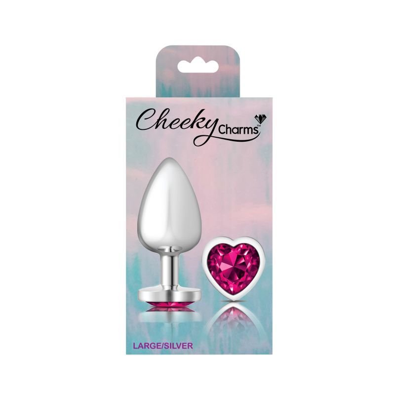 Cheeky Charms Silver Metal Butt Plug w Heart Pink Jewel Large - Silver