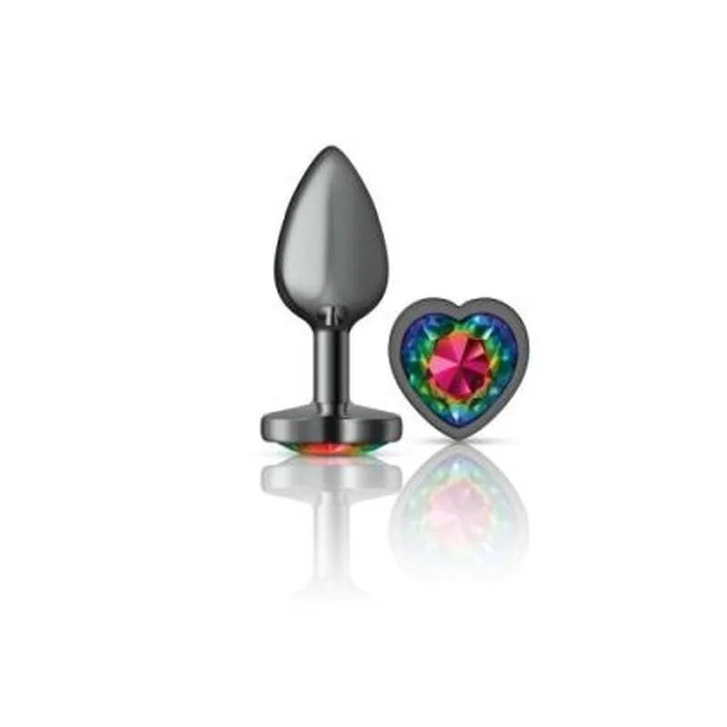 Cheeky Charms Gunmetal Butt Plug w Heart Rainbow Jewel Small - Gun Metal