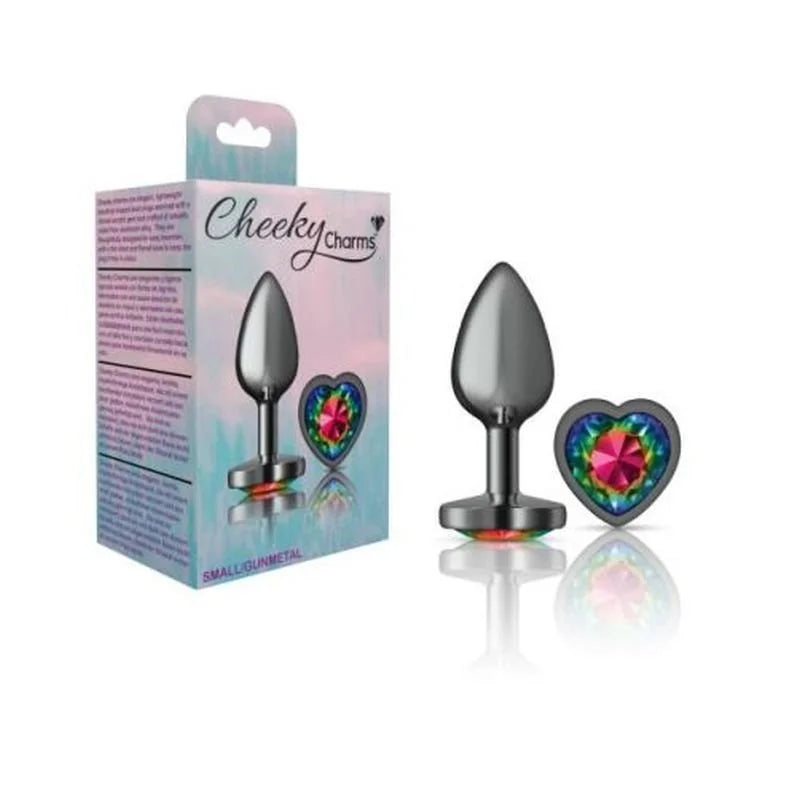 Cheeky Charms Gunmetal Butt Plug w Heart Rainbow Jewel Small - Gun Metal