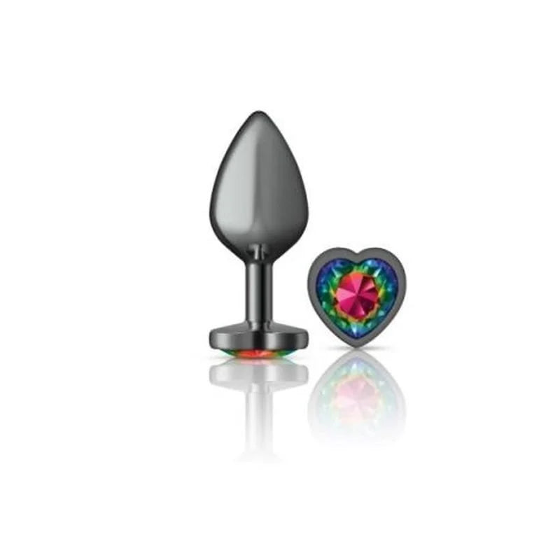 Cheeky Charms Gunmetal Butt Plug w Heart Rainbow Jewel Medium - Gun Metal