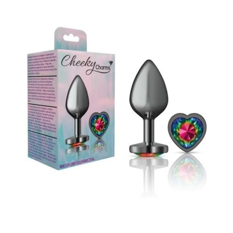 Cheeky Charms Gunmetal Butt Plug w Heart Rainbow Jewel Medium - Gun Metal