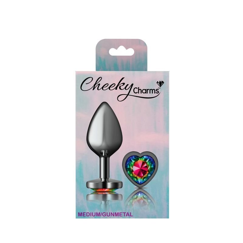 Cheeky Charms Gunmetal Butt Plug w Heart Rainbow Jewel Medium - Gun Metal