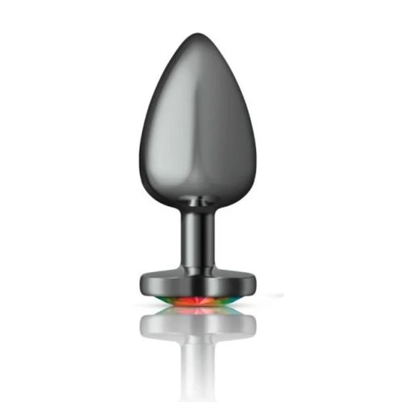 Cheeky Charms Gunmetal Butt Plug w Heart Rainbow Jewel Large - Gun Metal