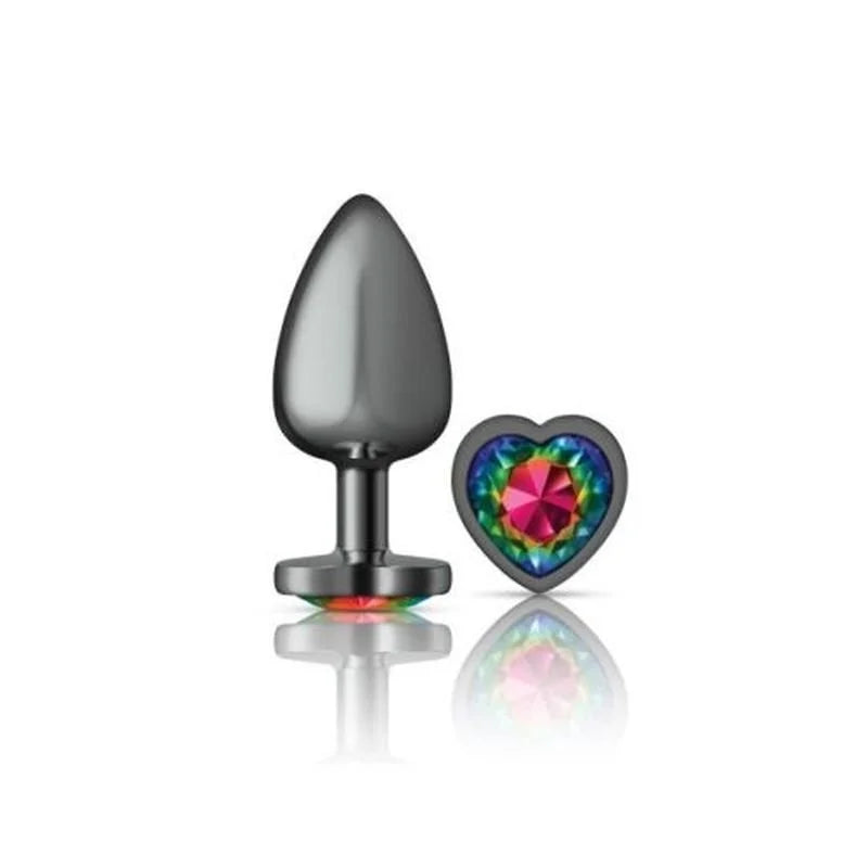 Cheeky Charms Gunmetal Butt Plug w Heart Rainbow Jewel Large - Gun Metal