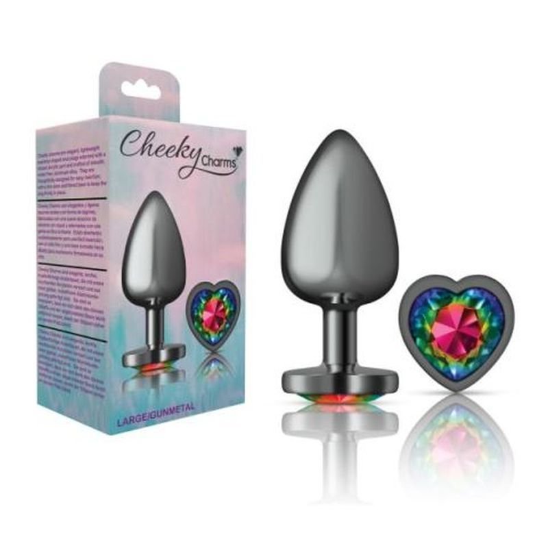 Cheeky Charms Gunmetal Butt Plug w Heart Rainbow Jewel Large - Gun Metal
