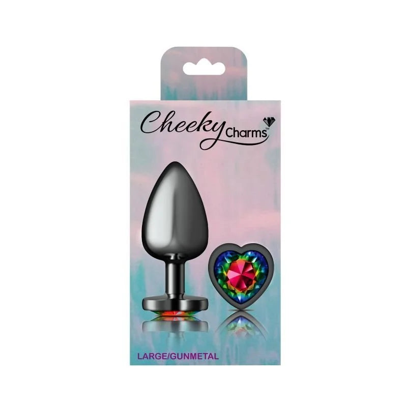 Cheeky Charms Gunmetal Butt Plug w Heart Rainbow Jewel Large - Gun Metal