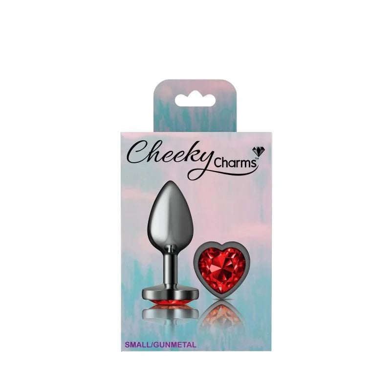 Cheeky Charms Gunmetal Butt Plug w Heart Red Jewel Small - Gun Metal