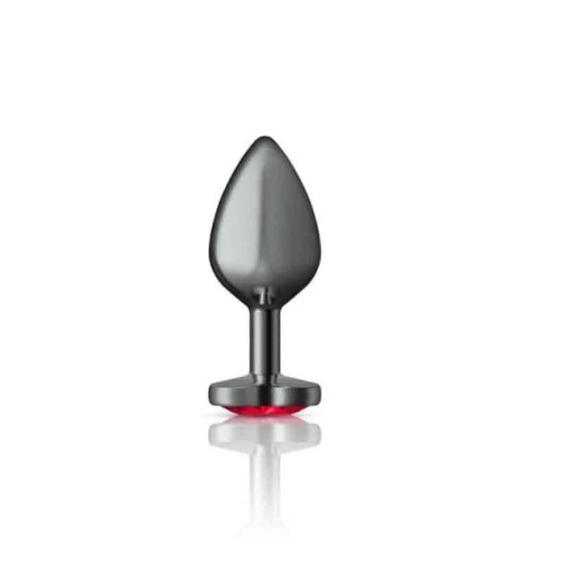 Cheeky Charms Gunmetal Butt Plug w Heart Red Jewel Medium - Gun Metal