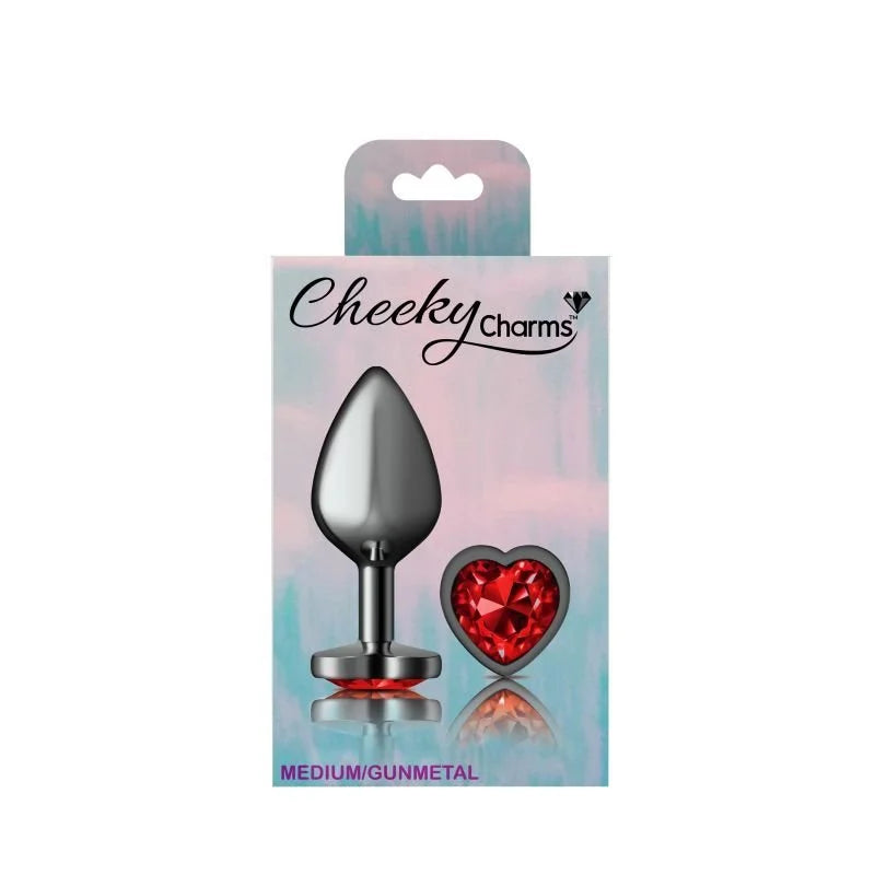 Cheeky Charms Gunmetal Butt Plug w Heart Red Jewel Medium - Gun Metal
