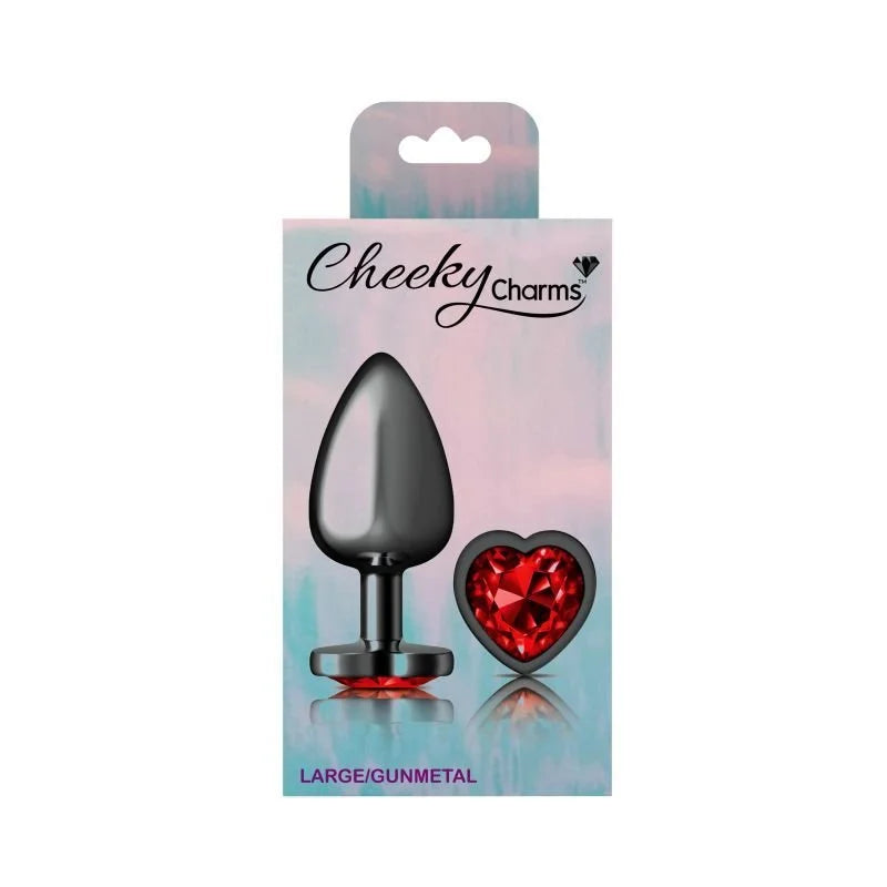 Cheeky Charms Gunmetal Butt Plug w Heart Red Jewel Large - Gun Metal