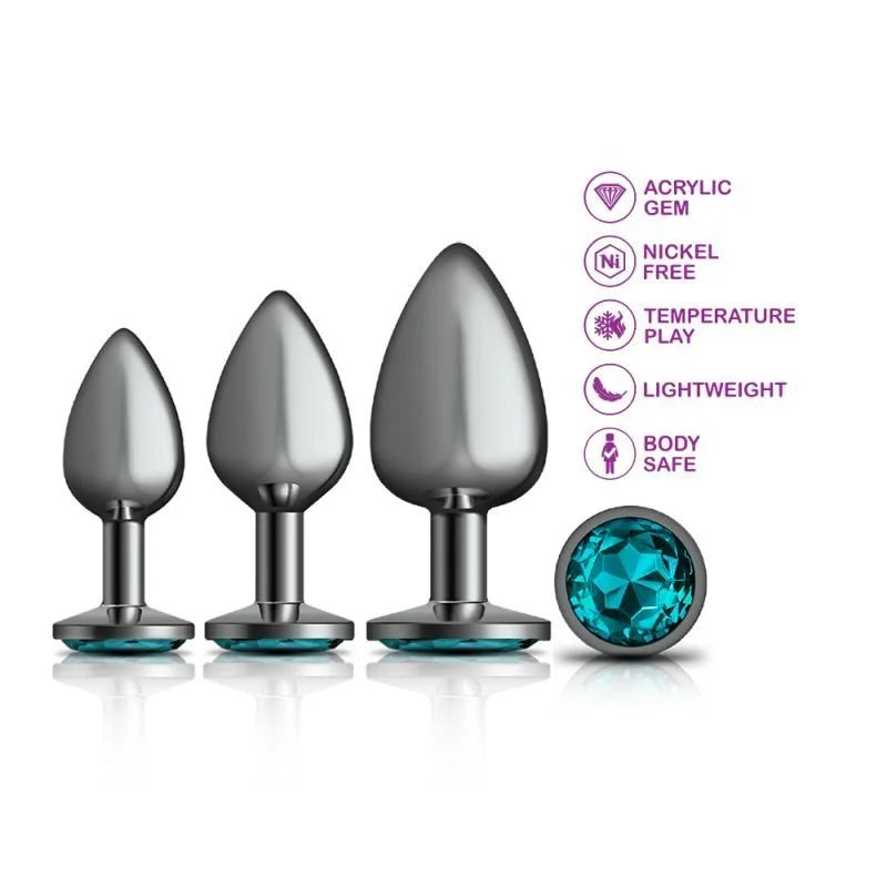 Cheeky Charms Round Metal Butt Plug Gunmetal 3 Pack Kit w Teal Jewel - Gun Metal