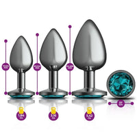 Cheeky Charms Round Metal Butt Plug Gunmetal 3 Pack Kit w Teal Jewel - Gun Metal