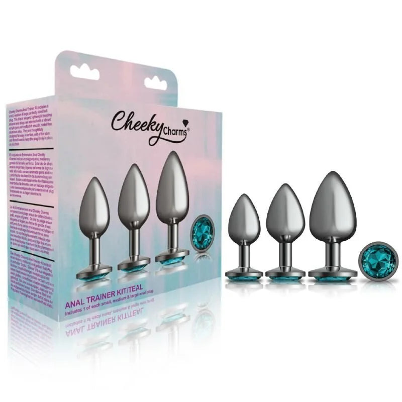 Cheeky Charms Round Metal Butt Plug Gunmetal 3 Pack Kit w Teal Jewel - Gun Metal