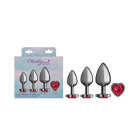 Cheeky Charms Round Metal Butt Plug Gunmetal 3 Pack Kit w Dark Red Heart Jewel - Gun Metal
