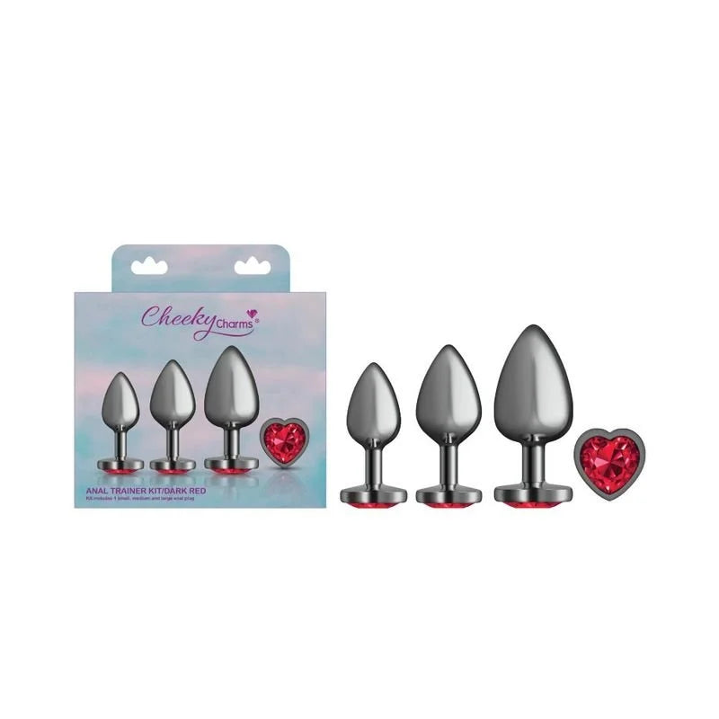 Cheeky Charms Round Metal Butt Plug Gunmetal 3 Pack Kit w Dark Red Heart Jewel - Gun Metal
