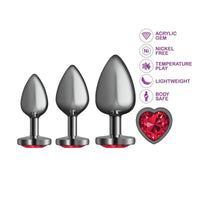Cheeky Charms Round Metal Butt Plug Gunmetal 3 Pack Kit w Dark Red Heart Jewel - Gun Metal